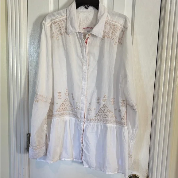 Johnny Was White and Tan Embroidered Shirt - Picture 1 of 8